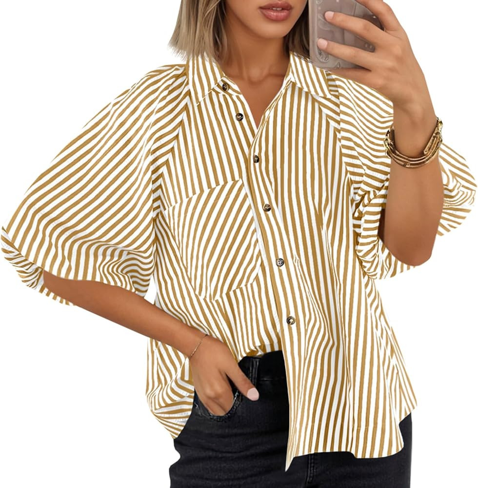 Tankaneo Womens Short Puff Sleeve Button Down Shirts Striped Trendy Casual Loose Fit Blouse V Nec... | Amazon (US)