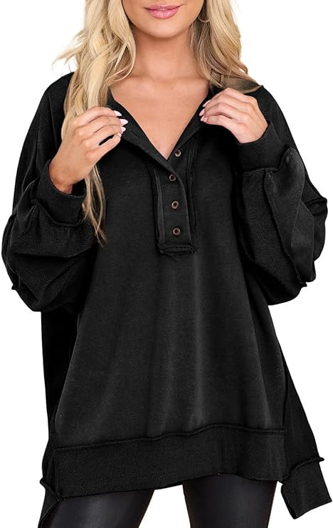 AlvaQ Women's Oversized Sweatshirt Casual Long Sleeve Button Henley Neck Pullover Tunic Tops Outf... | Amazon (US)