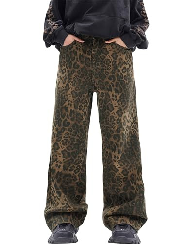 Leopard Print Baggy Jeans for Mens Hip Hop Loose fit Y2K Vintage Denim Pants Chic Street Style Wide Leg Jeans Pants (US, Alpha, X-Small, Regular, Regular, Mens Leopard Jeans) | Amazon (US)