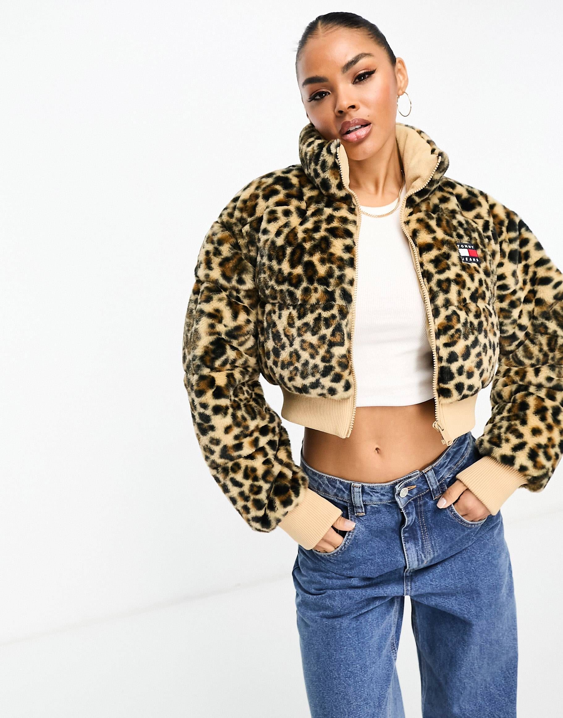 Tommy Jeans ultra cropped faux fur jacket in leopard print | ASOS (Global)