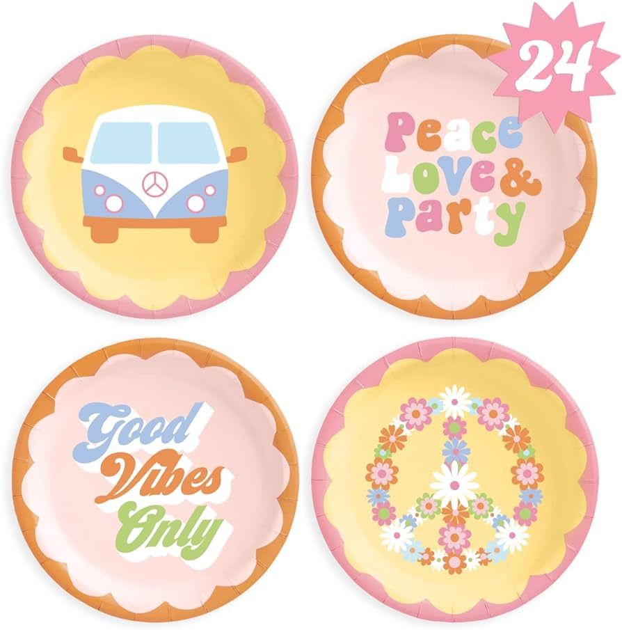 xo, Fetti Groovy Paper Plates - 24 pk, 9" | Happy Pastel Birthday Party Decorations, 70s Baby Sho... | Amazon (US)