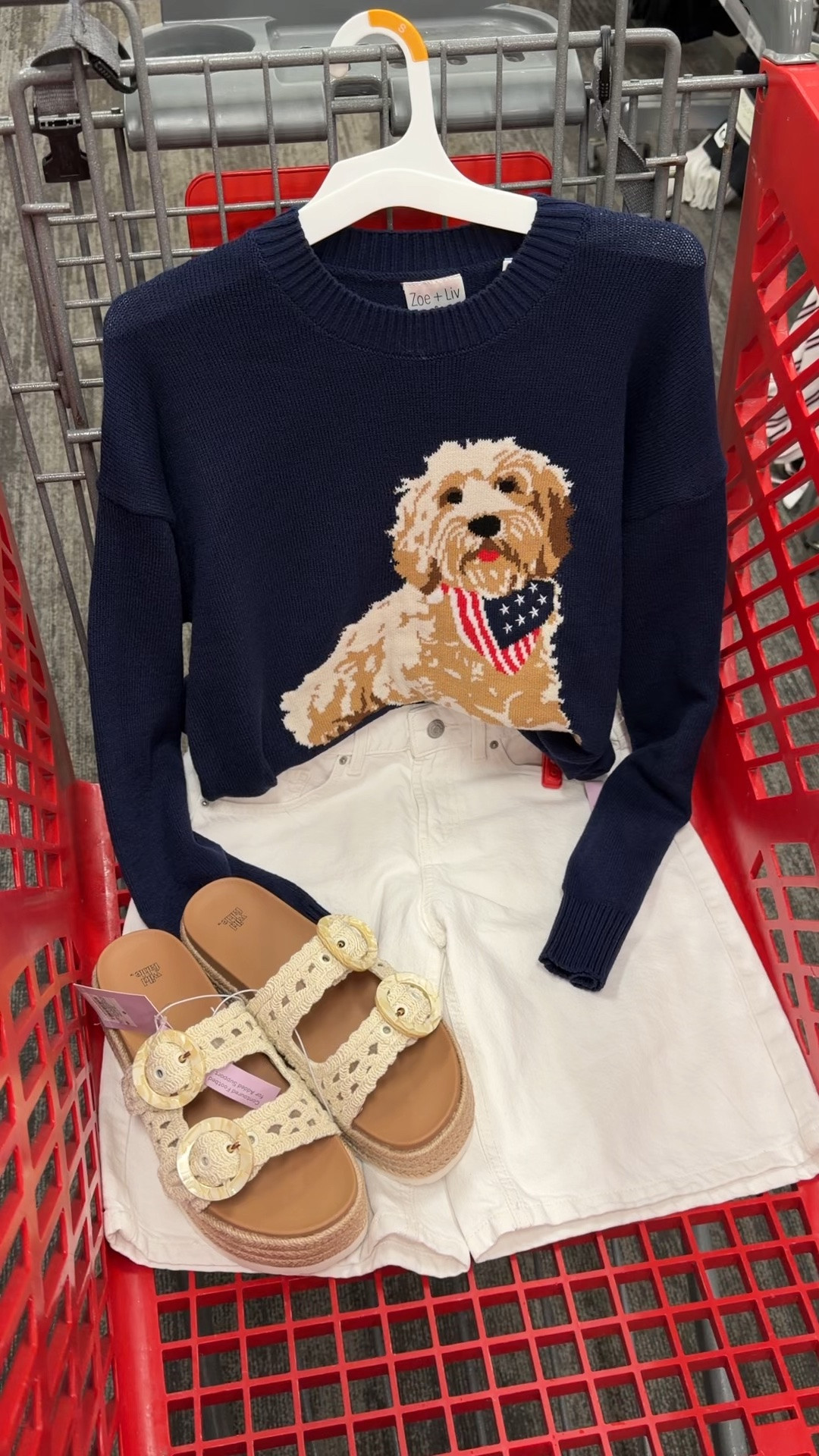Target summer outfit idea, 4th of July outfit with this dog sweater and white jean shorts, platform sandals. Ralph Lauren summer! #targetstyle
