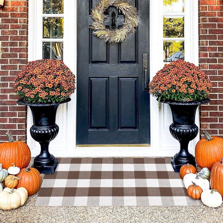 KIMODE Fall Decor Front Door Mat Buffalo Plaid Outdoor Rug 24"x51" Brown and White Checkered Rug ... | Amazon (US)