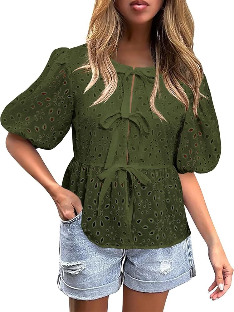 FARORO Tops Short Puff Sleeve Peplum Blouse Lace Shirts | Amazon (US)