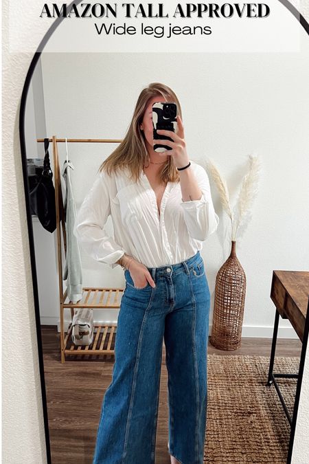 I’m wearing a size 28 in the wide leg jeans. Inseam is about 32”. Wearing a medium in the white button down & 8.5 in the mesh heels. 

Spring outfits, spring fashion, fashion for tall women, tall fashion 

#LTKfindsunder100 #LTKsalealert #LTKSeasonal