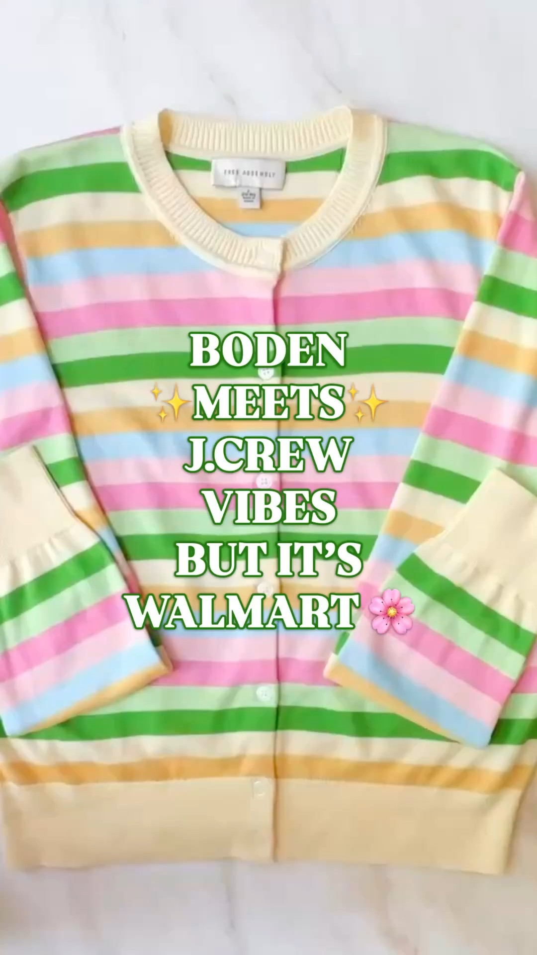 Boden Meets J.Crew. It’s $20 at Walmart.
The color palette is pure Boden. The silhouette is pure J.Crew. The price tag is neither.

The multicolor sorbet stripe that Boden charges $150+ for. The classic crewneck button front cardigan silhouette that J.Crew has been selling for decades. Both of them. One sweater. $20 at Walmart. 

And zero polyester — not a single thread.
60% cotton, 40% modal. The modal is the reason this does not feel like a $20 cardigan. It is soft in a way that makes you check the tag twice. Lightweight enough for spring. Structured enough for Monday morning. The layer that goes over your work dress, your blouse, your meeting outfit, your everything. It does not wrinkle. It holds its shape.

This is the spring cardigan that works for the office, for the classroom, for brunch, for every single occasion where you need to look pulled together without spending real money.

XS to 4X.

Boden look for less, Boden cardigan dupe, J.Crew cardigan look for less, J.Crew cardigan dupe, striped cardigan women, multicolor stripe cardigan, rainbow cardigan women, spring cardigan women, button front cardigan women, crewneck cardigan women, work cardigan women, teacher outfit spring, teacher cardigan, teacher style, work outfit women, business casual cardigan, business casual outfit women, spring work outfit, workwear women, office outfit women, spring outfits women, spring sweater women, modal cardigan women, cotton cardigan women, no polyester sweater, soft cardigan women, lightweight cardigan spring, colorful cardigan women, preppy cardigan women, Walmart fashion finds, Walmart cardigan, Free Assembly cardigan, affordable cardigan women, designer look for less, look for less sweater, viral cardigan, spring fashion 2026
#LTKFindsUnder50 #WorkOutfit #LookForLess #Boden #JCrew #BusinessCasual 

#LTKSeasonal #LTKWorkwear #LTKOver40