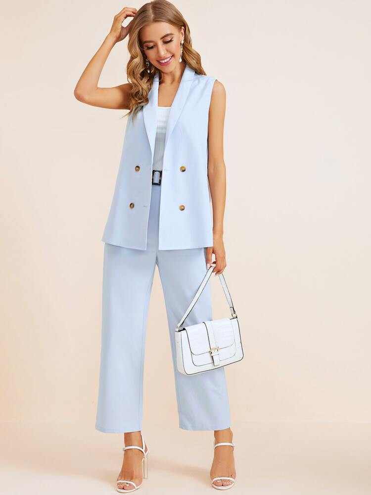 SHEIN Shawl Collar Double Button Vest Blazer and Pants Set | SHEIN