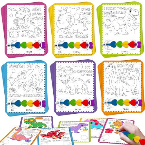 Valentines Day Cards for Kids School – 24 Pack Dinosaur Classroom Coloring Exchange Cards with Stacking Crayons, Non-Candy Valentines Gifts for Boys & Girls, School Party Favors Class Supplies | Amazon (US)