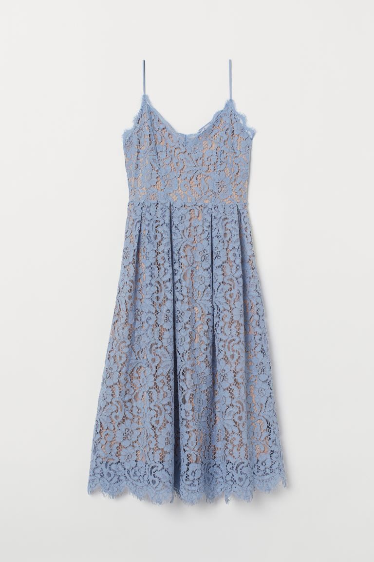 Een midi-jurk van kant met smalle, verstelbare schouderbandjes en een V-hals. De jurk heeft een n... | H&M (DE, AT, CH, NL, FI)