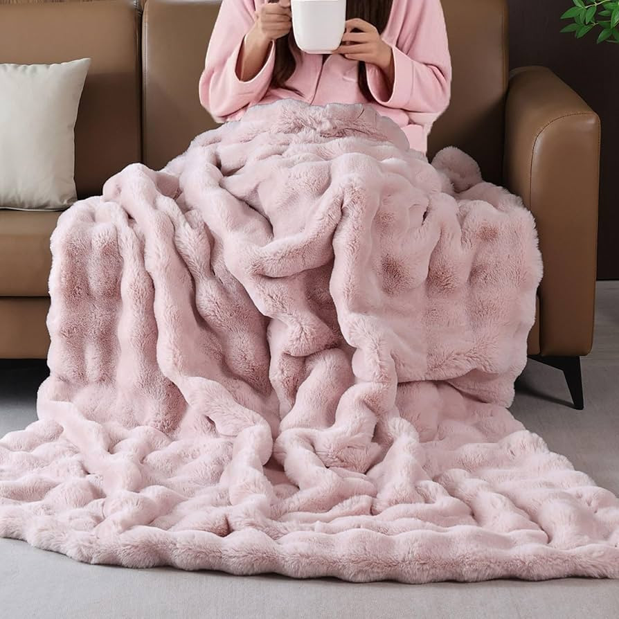 Pink Fluffy Faux Fur Throw Blanket for Bed Couch Living Room Fuzzy Bubble Cozy 50x60 Decorative T... | Amazon (US)