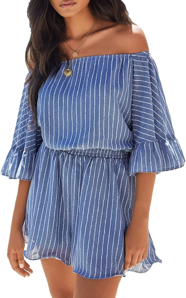 Fixmatti Women Boho Summer Romper Casual Floral Print Off Shoulder Strapless Shorts Jumpsuits | Amazon (US)