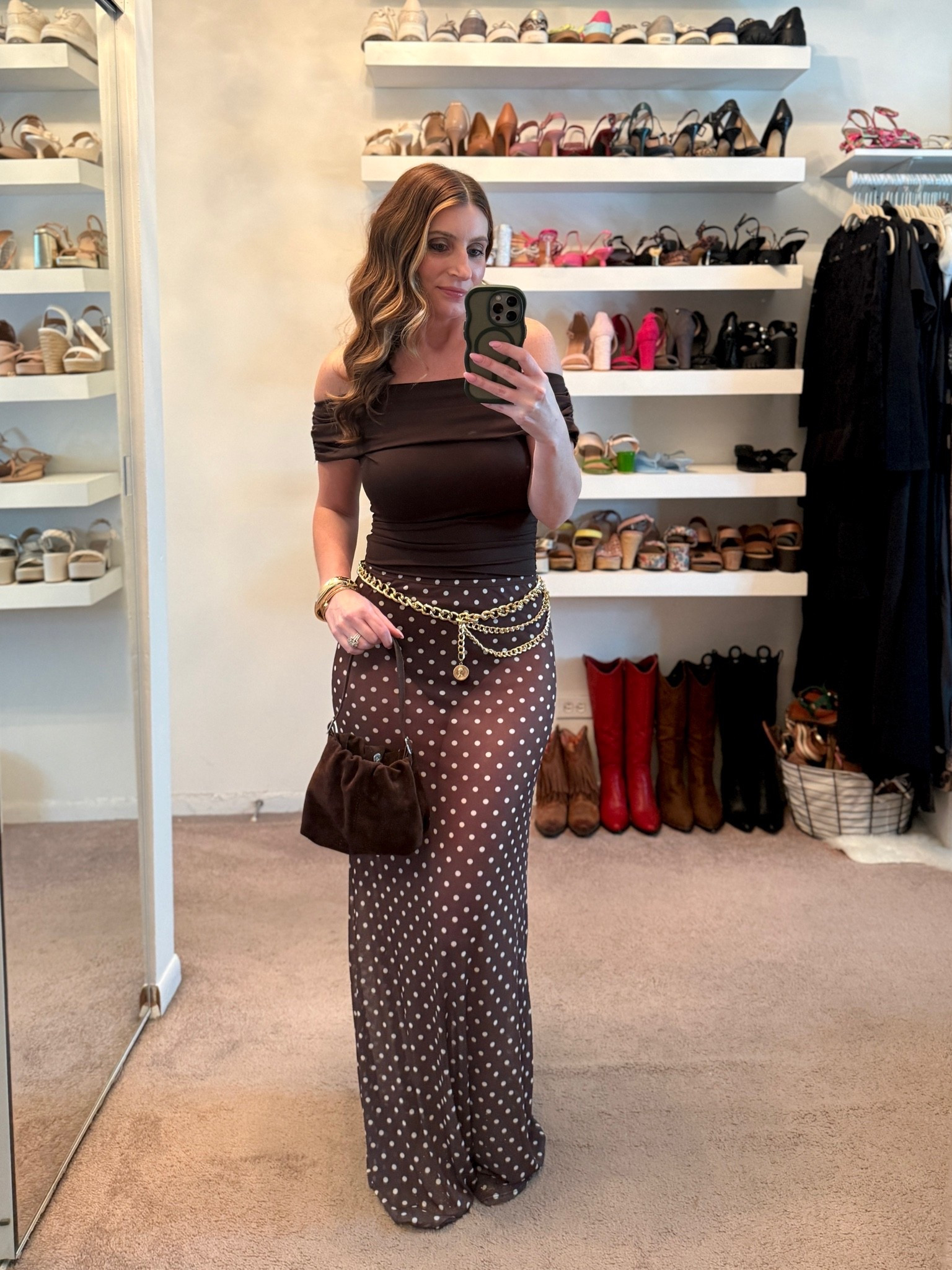 What I wore out for girls night out!

Amazon off the shoulder bodysuit (size small)
ASOS brown and white polka dot sheer maxi skirt (size small)
Amazon rhinestone mesh ballet flats
Amazon gold chain belt

Date night outfit, Amazon outfit, Nashville outfits, country concert outfit, western outfit, rodeo outfit, western fashion, what to wear to a festival, girls night out outfit

#LTKootd #LTKSaleAlert #LTKOver40