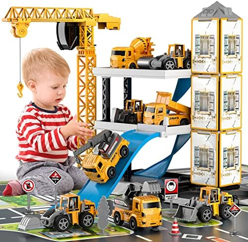 Amazon.com: TEMI Construction Vehicles Toy for Boys, 60PCS Kids Engineering Trucks Vehicle w/ Tra... | Amazon (US)