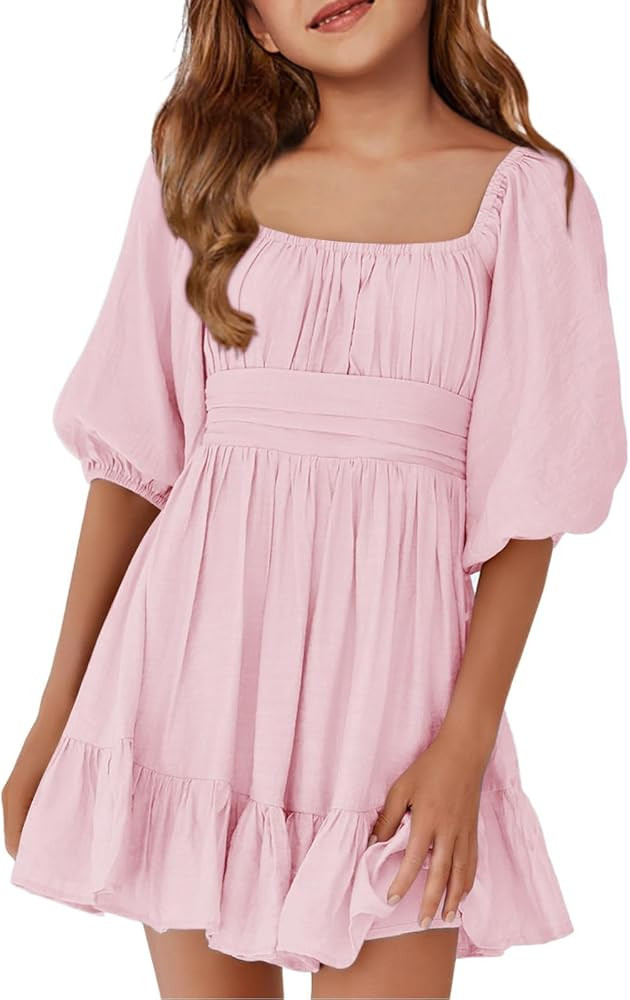 Girls Summer Dresses Square Neck Lantern Sleeve Tie Backless Ruffle A-Line Party Mini Dress | Amazon (US)