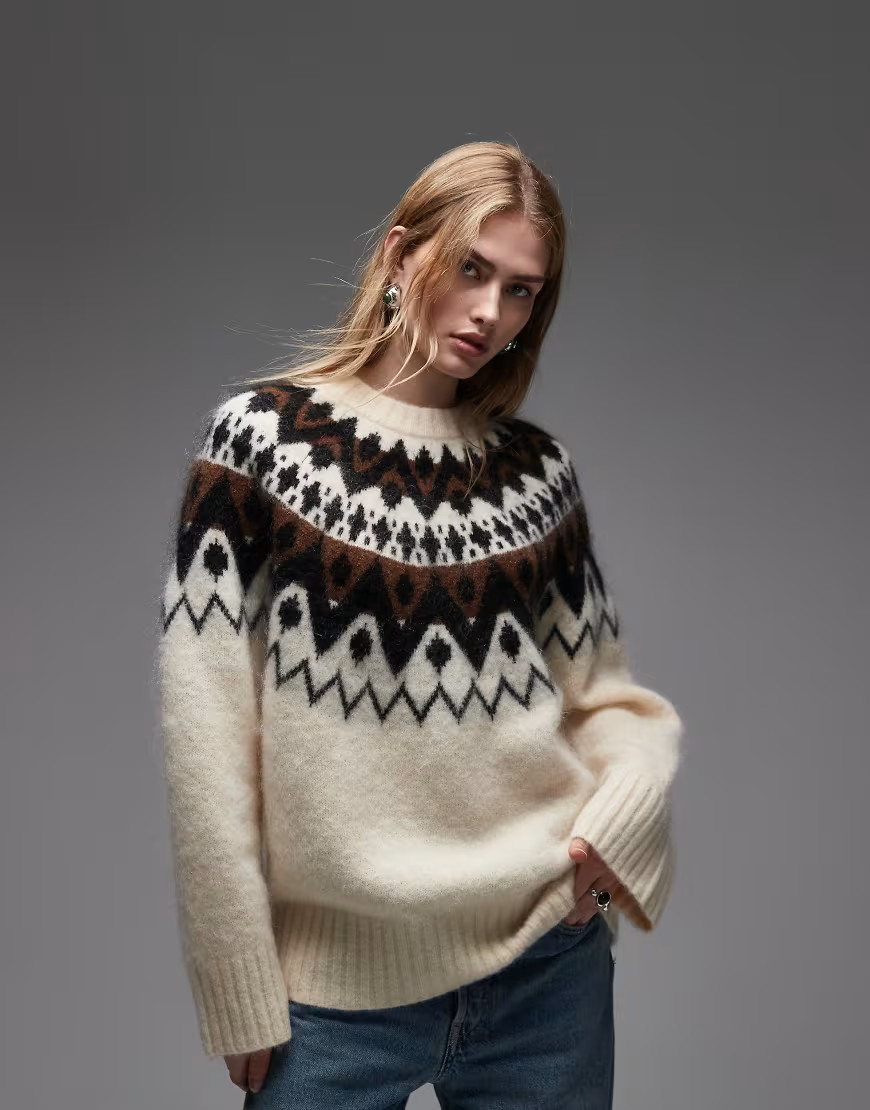 & Other Stories mohair and wool blend fair isle style knit sweater with brown jacquard zigzag pattern in white | ASOS (Global)