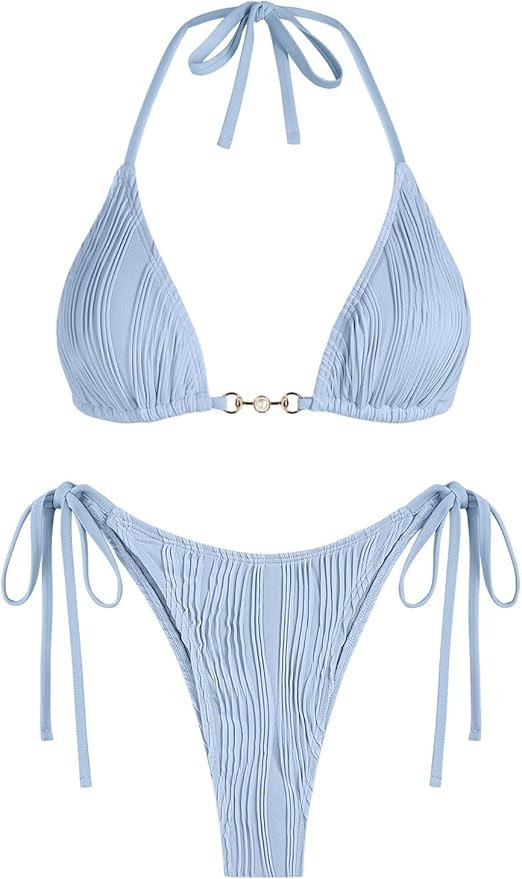 ZAFUL Bikini Sets for Women Halter Two Piece Swimsuits Sexy Triangle Bikinis Textured Cheeky Bath... | Amazon (US)