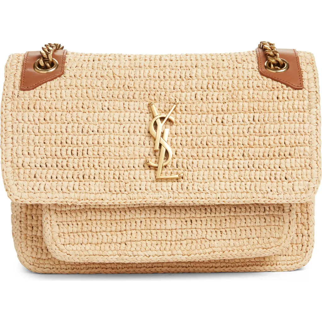 Saint Laurent Medium Niki Woven Raffia Shoulder Bag in Natural/Brick at Nordstrom | Nordstrom