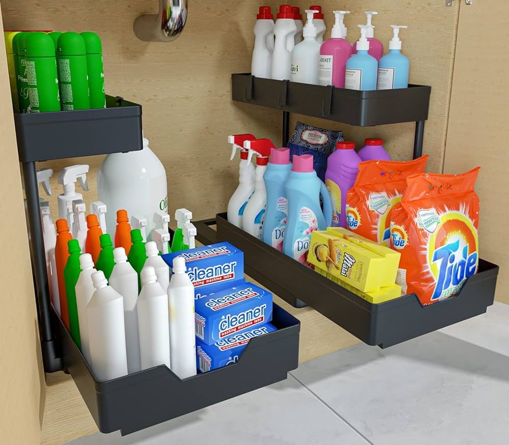 2-Tier Under Sink Organizers, 2 Pack Sliding L-shape Cabinet Organizers Narrow Space Storage Mult... | Amazon (US)