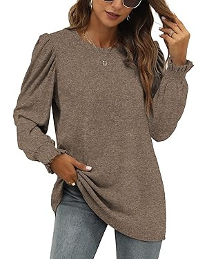 XIEERDUO Womens Long Sleeve Tops 2023 Fall Ruffle Puff Sleeve Cute Tunic Sweatshirts Dressy | Amazon (US)