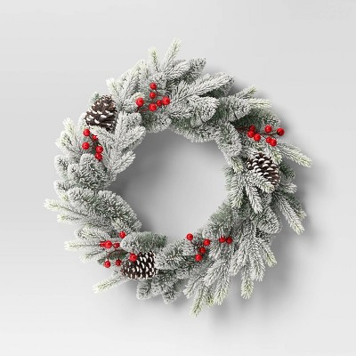 24" Lightly Flocked Pine Artificial Christmas Wreath with Pinecones and Red Berries Green - Wonde... | Target