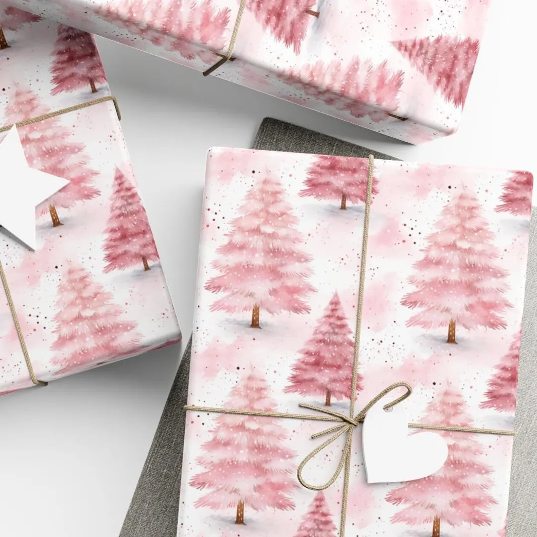 Pink Christmas Trees Wrapping, Pink Christmas Watercolors, Christmas Gift Wrap, Wrapping Paper Ro... | Etsy (US)