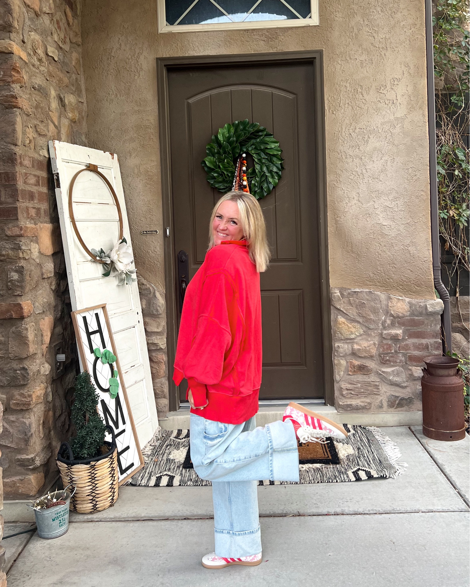 ❤️👀 let’s take a moment for the shoes! a coral-red, cream + lace with gold print!! 
.
🫡 aren’t these the cutest!? + they match this FP top perfectly + would be so cute with another colored top to mix it up! casual outfit for my sons high school golf banquet!
.
❤️❤️❤️
.
#adidas #laceshoes #laceadidas #shoecrush #casualootd #momlife #momootd

#LTKShoeCrush #LTKStyleTip #LTKOver40