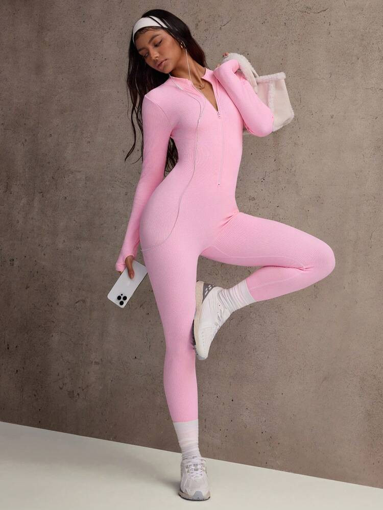 Easithlete Women's Ribbed Zipper Long Sleeve Jumpsuit | SHEIN