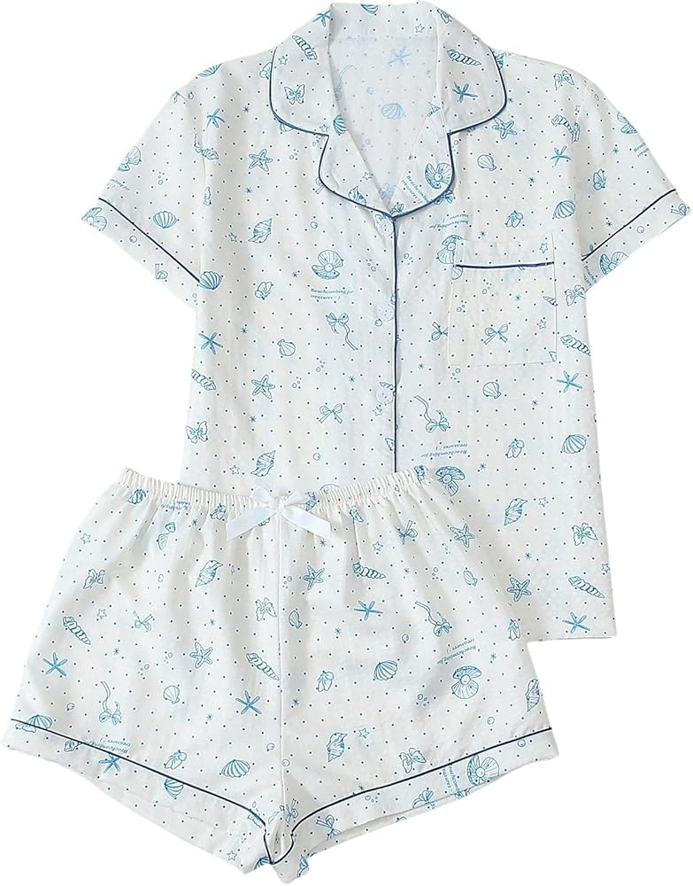 BEAUDRM Women's 2 Piece Pajama Sets Shell Print Short Sleeve Sleepwear Button Down Shirt and Bow ... | Amazon (US)