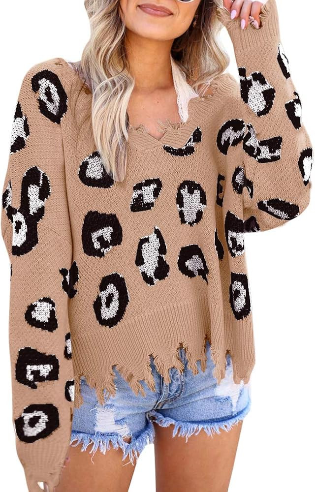 Foshow Womens Leopard Print Distressed Sweaters Top Oversized V Neck Ripped Cropped Cheetah Anima... | Amazon (US)