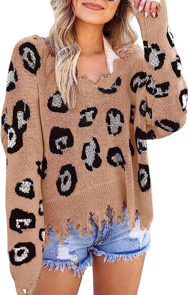 Foshow Womens Leopard Print Distressed Sweaters Top Oversized V Neck Ripped Cropped Cheetah Anima... | Amazon (US)