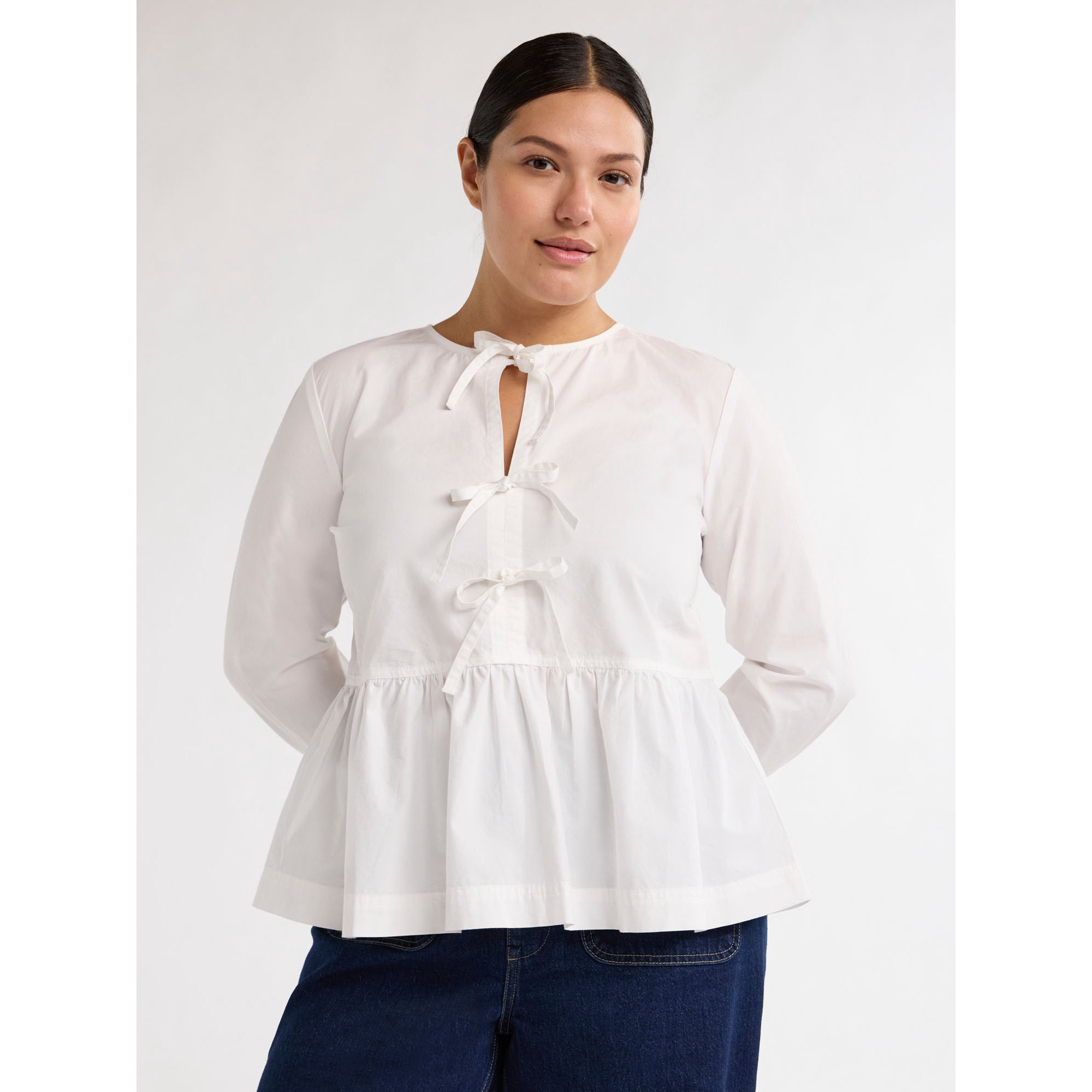 Free Assembly Women’s Plus Size Cotton Bow Front Top with Long Sleeves, Sizes 1X-4X | Walmart (US)