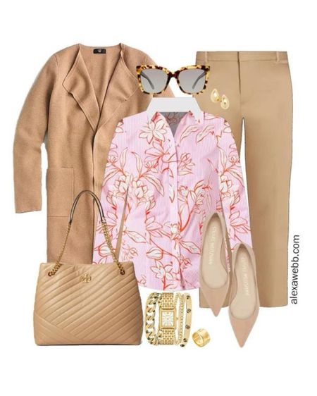 Plus Size Spring Work Capsule 2024 - Part 1 - Plus size camel pants and cardigan with a pink striped shirt. Alexa Webb #plussize

#LTKstyletip #LTKplussize #LTKSeasonal