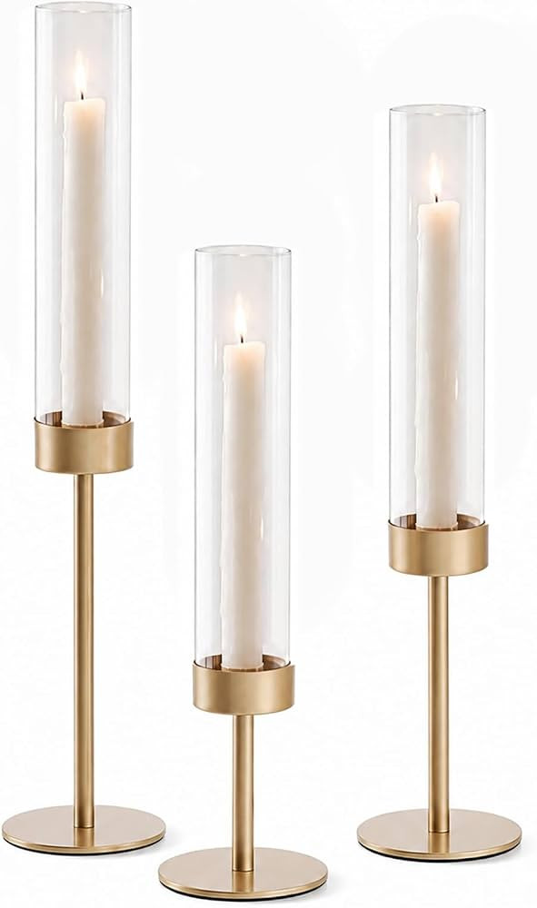 POKINE Glass Hurricane Candle Holders for Candlestick, Gold, Set of 3 | Amazon (US)