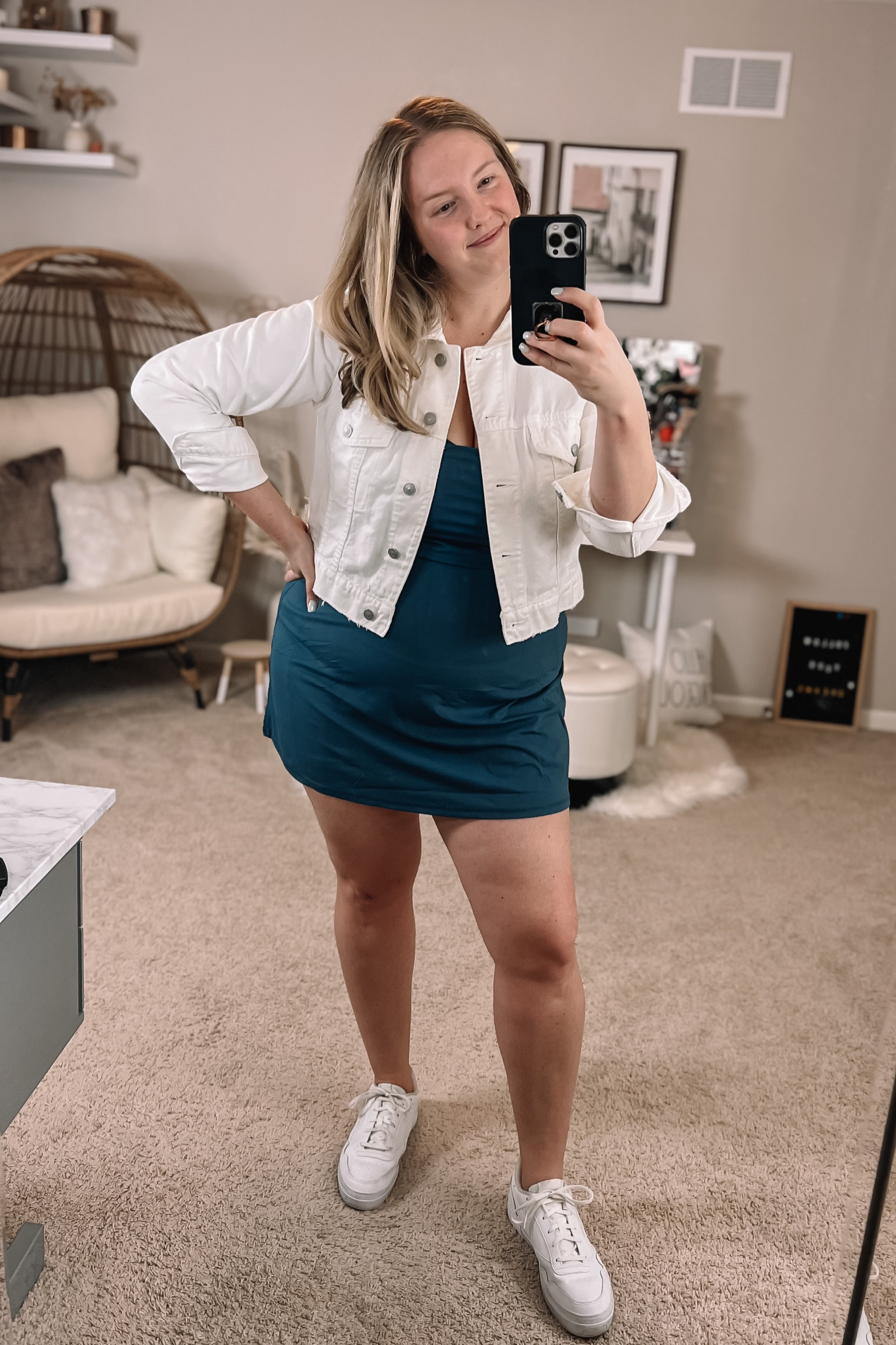 teal blue tennis dress / white denim jacket / white tennis shoes / athleisure style / casual outfit / casual spring style / spring outfit / summer outfit / bold colors / jewel tones / festival dress / festival look

#LTKSeasonal #LTKFestival #LTKcurves