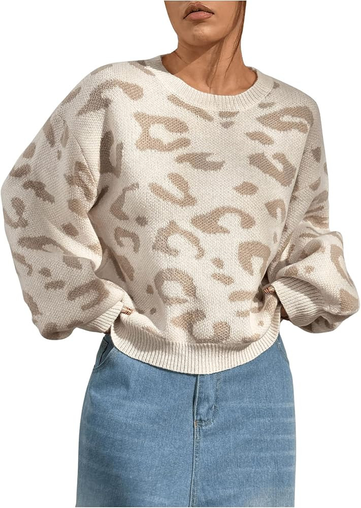SHENHE Women's Vintage Leopard Print Crew Neck Drop Shoulder Loose Knit Pullover Sweater | Amazon (US)