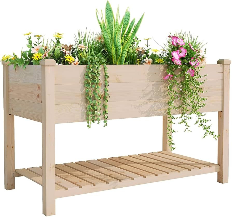 BIRASIL Outdoor Wood Raised Garden Bed, Elevated Reinforced Large Planter Box with Storage Shelf ... | Amazon (US)
