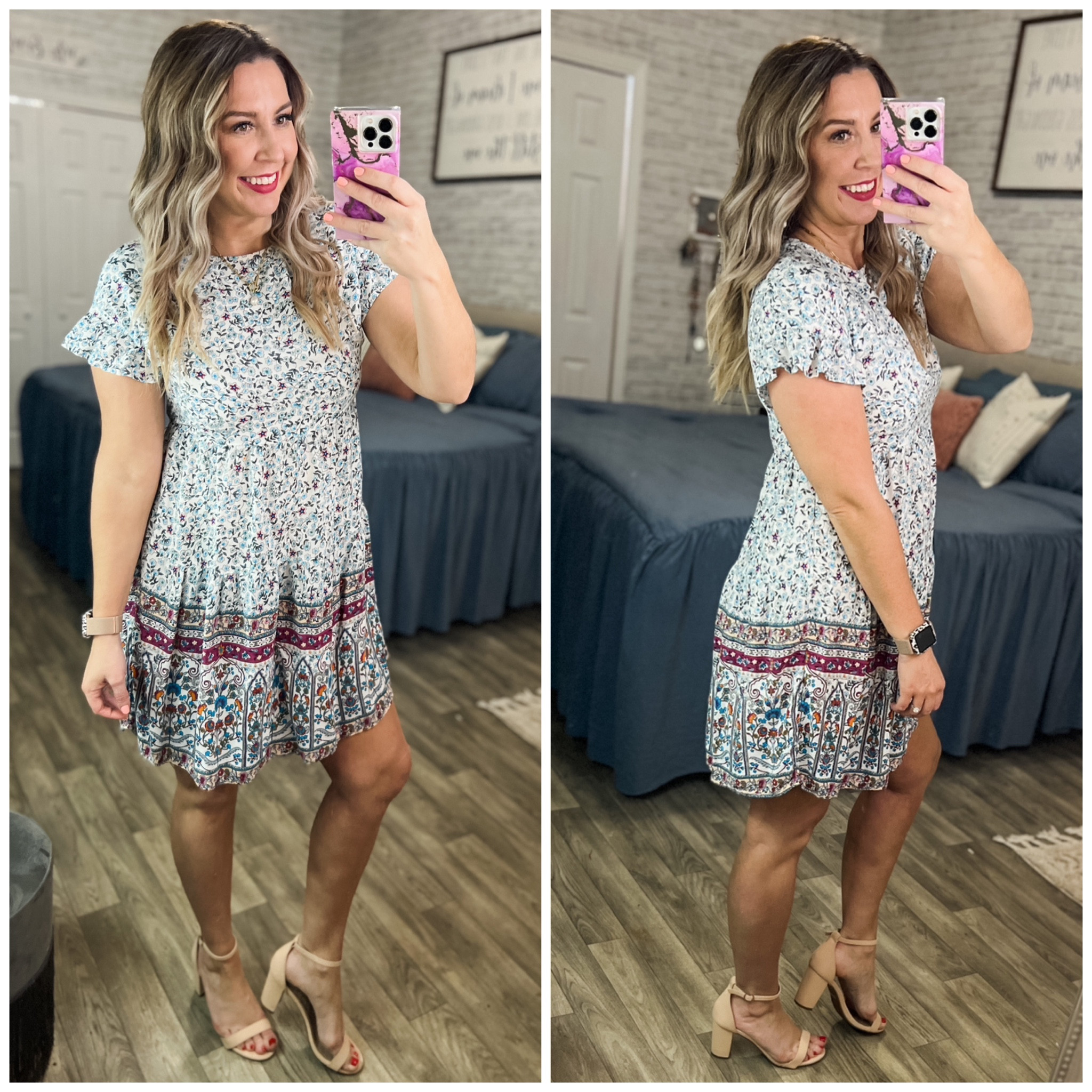 New dress that I’m loving! This can be dressed up or down! I’ll pair it with my studded Steve Madden sandals for a more casual look! True to size I’m in the Medium! I’m 5’7 for length reference.