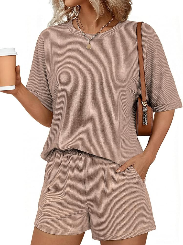 Ekouaer Women 2 Piece Lounge Set 2026 Summer Cruise Outfits Ribbed Loose Short Sleeve Matching Se... | Amazon (US)