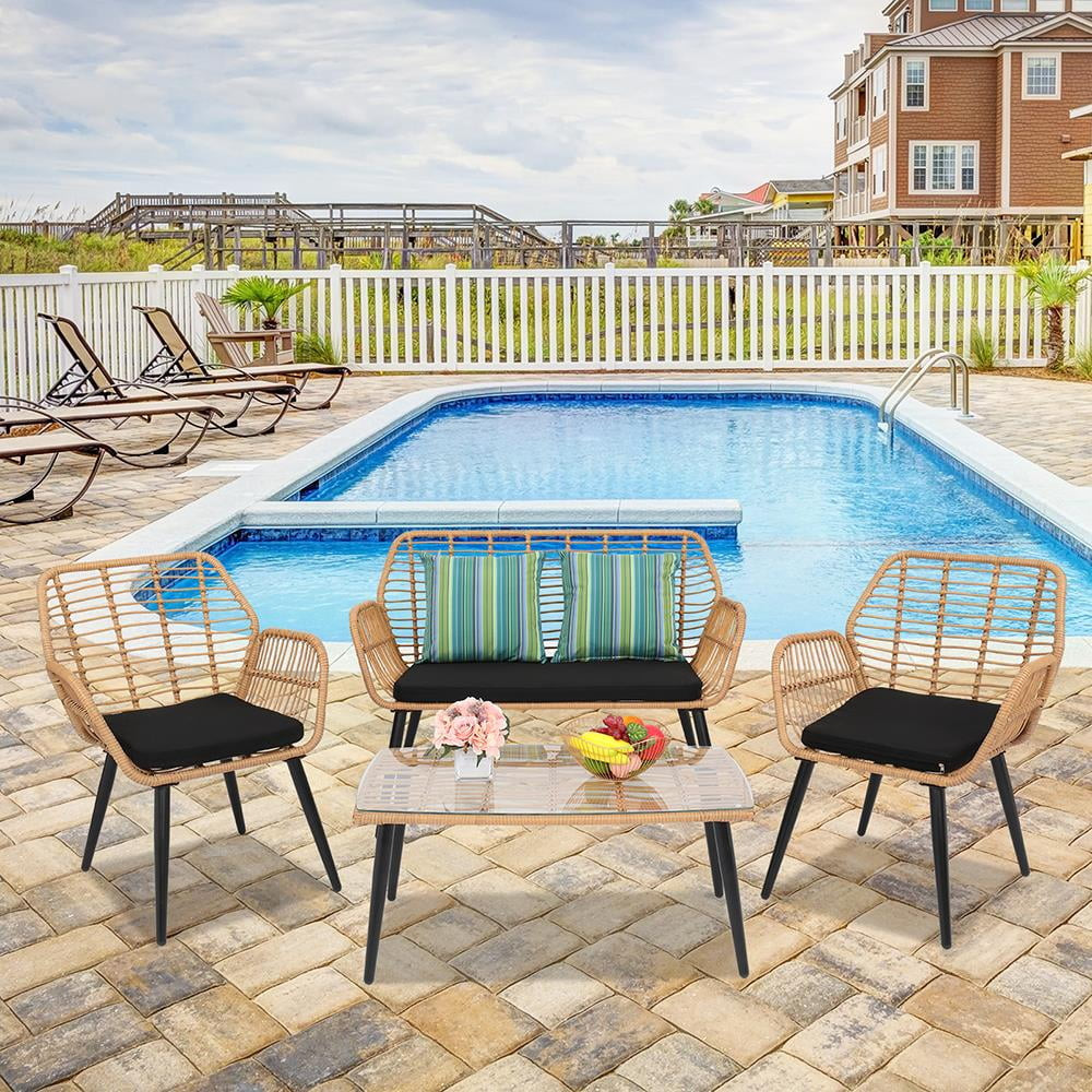 GoDecor 4 Pieces Outdoor Patio Furniture Sets Rattan Chair Yellow | Walmart (US)