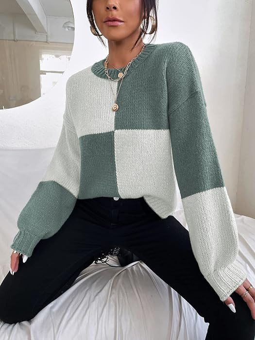 Women's Sweater Sweaters for Women Color Block Drop Shoulder Sweater (Color : Multicolor, Size : ... | Amazon (US)