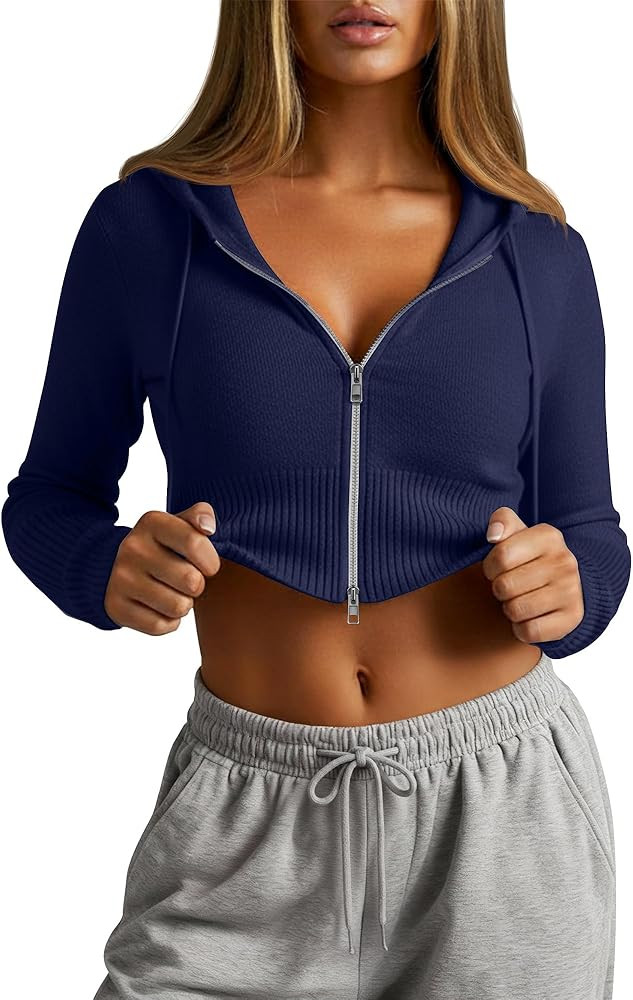 Women's Cropped Zip up Hoodies Long Sleeve Fitted Sweater Pullover Ribbed Knit Casual Trendy Fall... | Amazon (US)