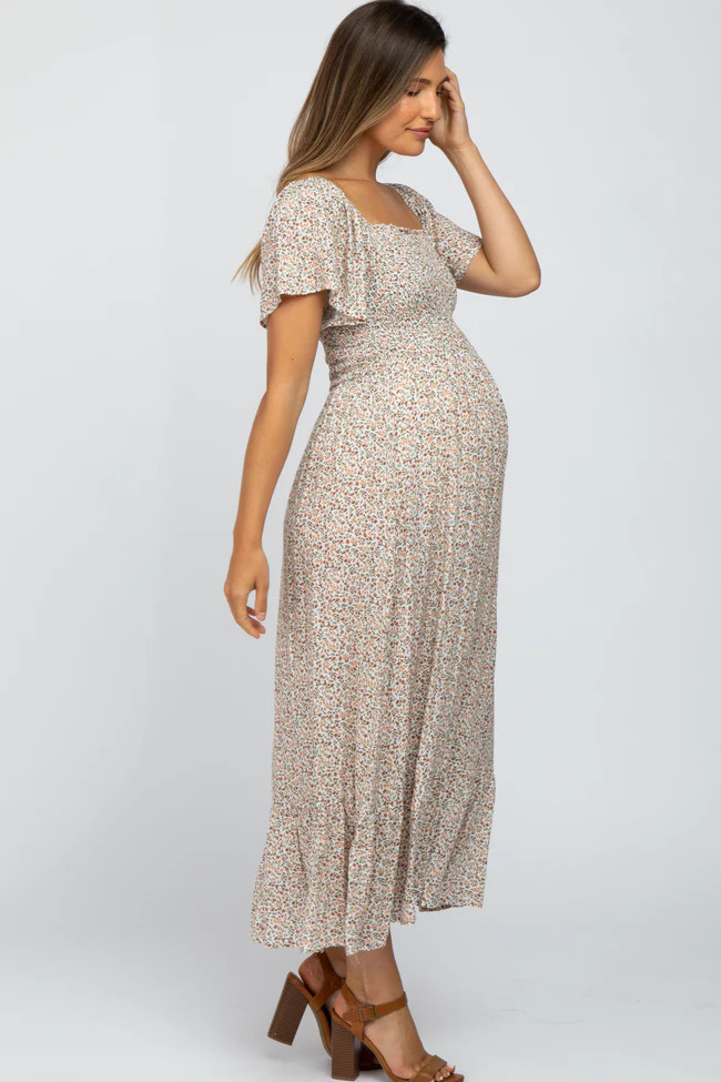 Ivory Floral Smocked Maternity Maxi Dress | PinkBlush Maternity