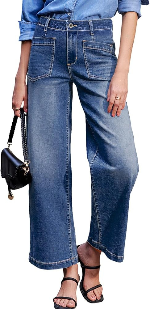 Sidefeel Women's Wide Leg Jeans High Waisted Stretchy Jeans Straight Leg Loose Fit Zimbaplatinum ... | Amazon (US)