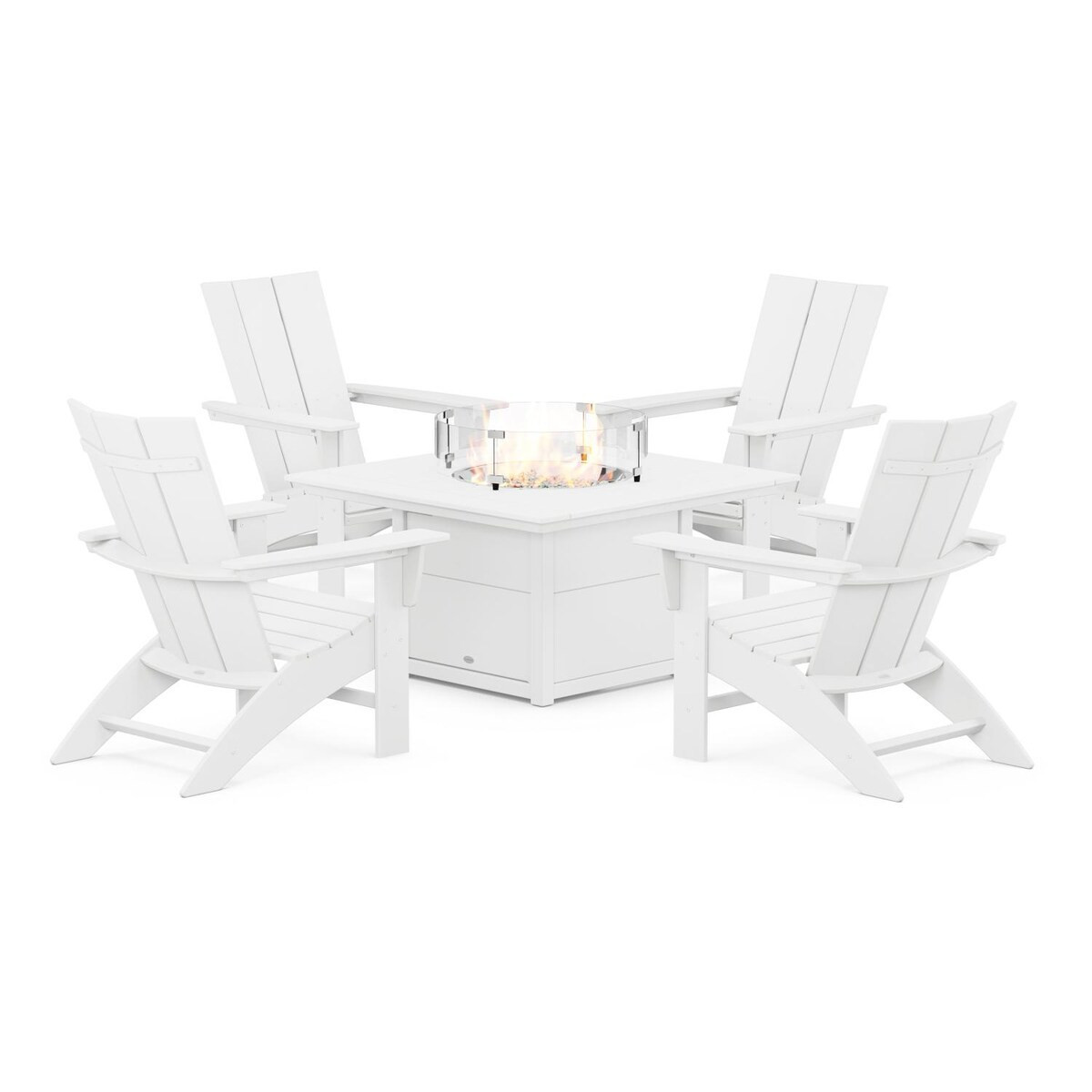 POLYWOOD Modern Adirondack 5 Pc Recycled Plastic Fire Pit Seating Set w/ Curveback Chairs in White by - PWS412-1-WH | BBQ Guys
