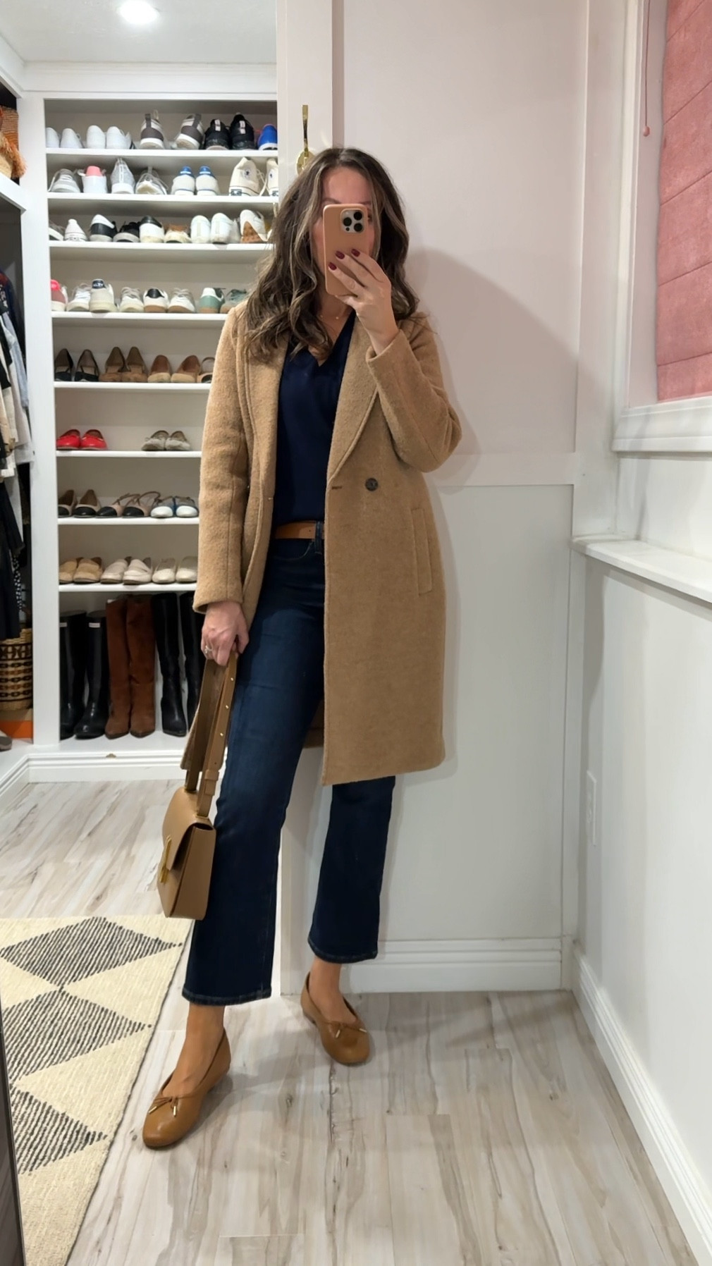 Love this color combo! 
My DeMellier bag is 20% off with code BF20. They rarely run sales.  
I sized down in this timeless coat.  Sweater is tts - relaxed fit. 
Jeans tts. 
Flats old.  

#LTKSaleAlert #LTKCyberWeek #LTKItBag