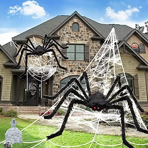 Halloween Decorations, 2Pcs 50'' Giant Spider + 200'' Triangular Spider Web and 100'' Round Spide... | Amazon (US)