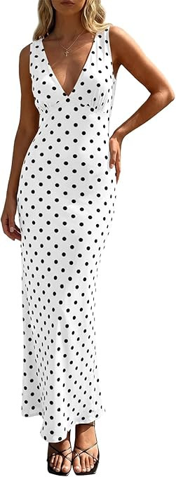 Wenrine Womens Summer Polka Dot Maxi Dress Mesh Wedding Guest Bodycon Sexy V Neck Sleeveless Part... | Amazon (US)
