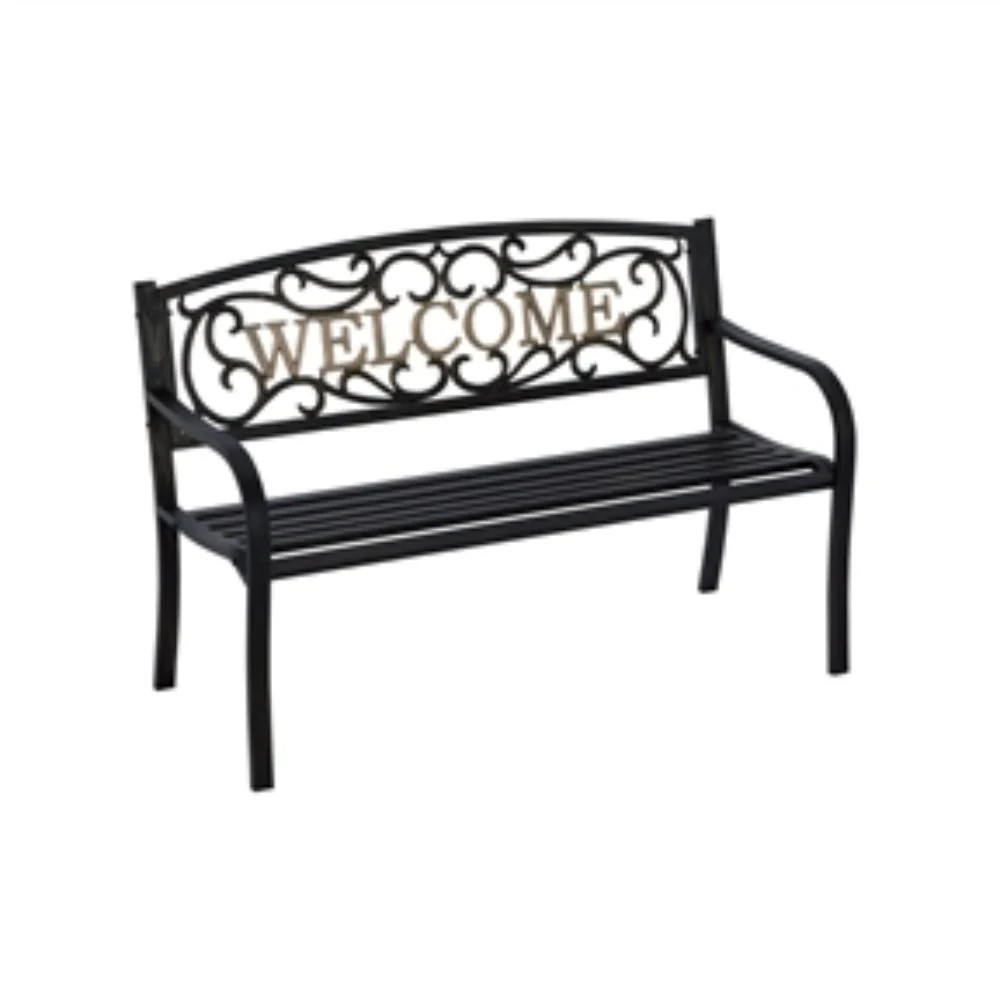 Cast Iron Welcome Park Bench Outdoor Patio Garden in Black Bronze | Shop Simon
