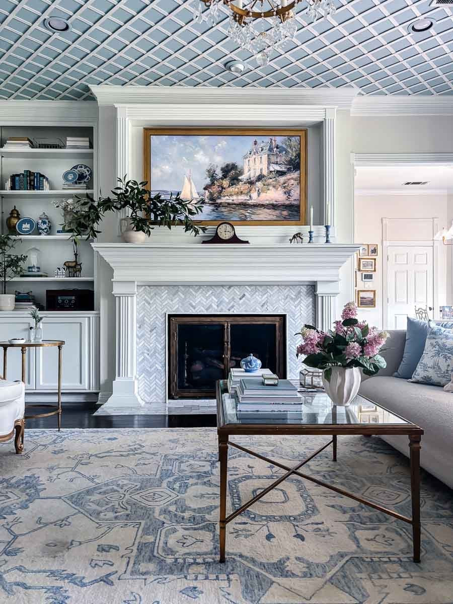 Bridgerton style living room makeover with a blue lattice ceiling 🩵 This room has been a work in progress for the last 5 years and I love how it turned out! 

#LTKHome