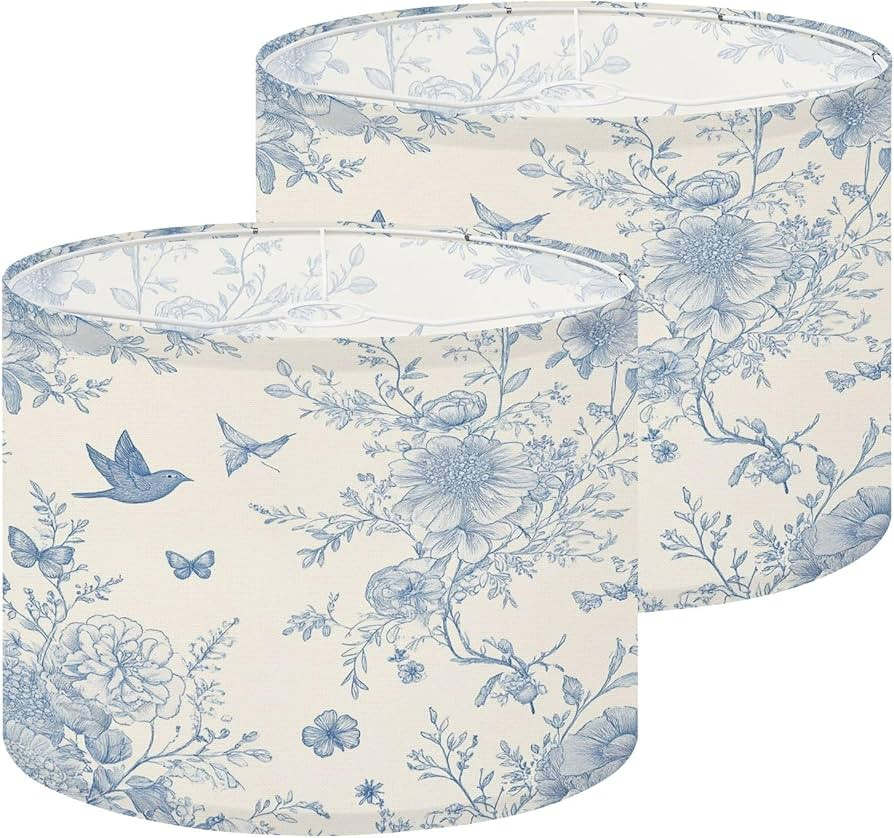 Drum Lamp Shades Floral Vintage Boho Blue Cream White Flowers Birds Butterflies Natural Lampshade... | Amazon (US)